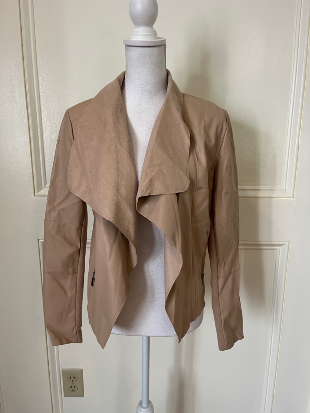 bagatelle Taupe Draped Faux Leather Waterfall Jacket